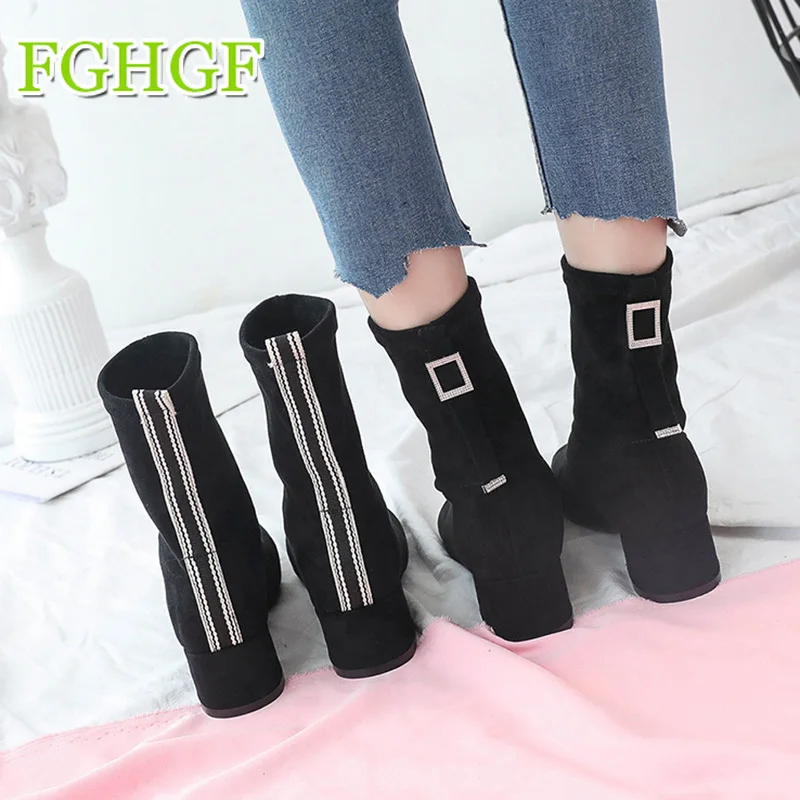 

2018 New Women's Boots Yarn Elastic Ankle Boots Thick Heel High Heel Short Boots Shoes Woman Female Socks Martin Boots