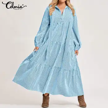 

Women Long Shirt Dress Robe Celmia 2019 Fashion Casual Long Sleeve Striped Dress Loose Buttons Bow Ruffled Party Vestidos S-5XL