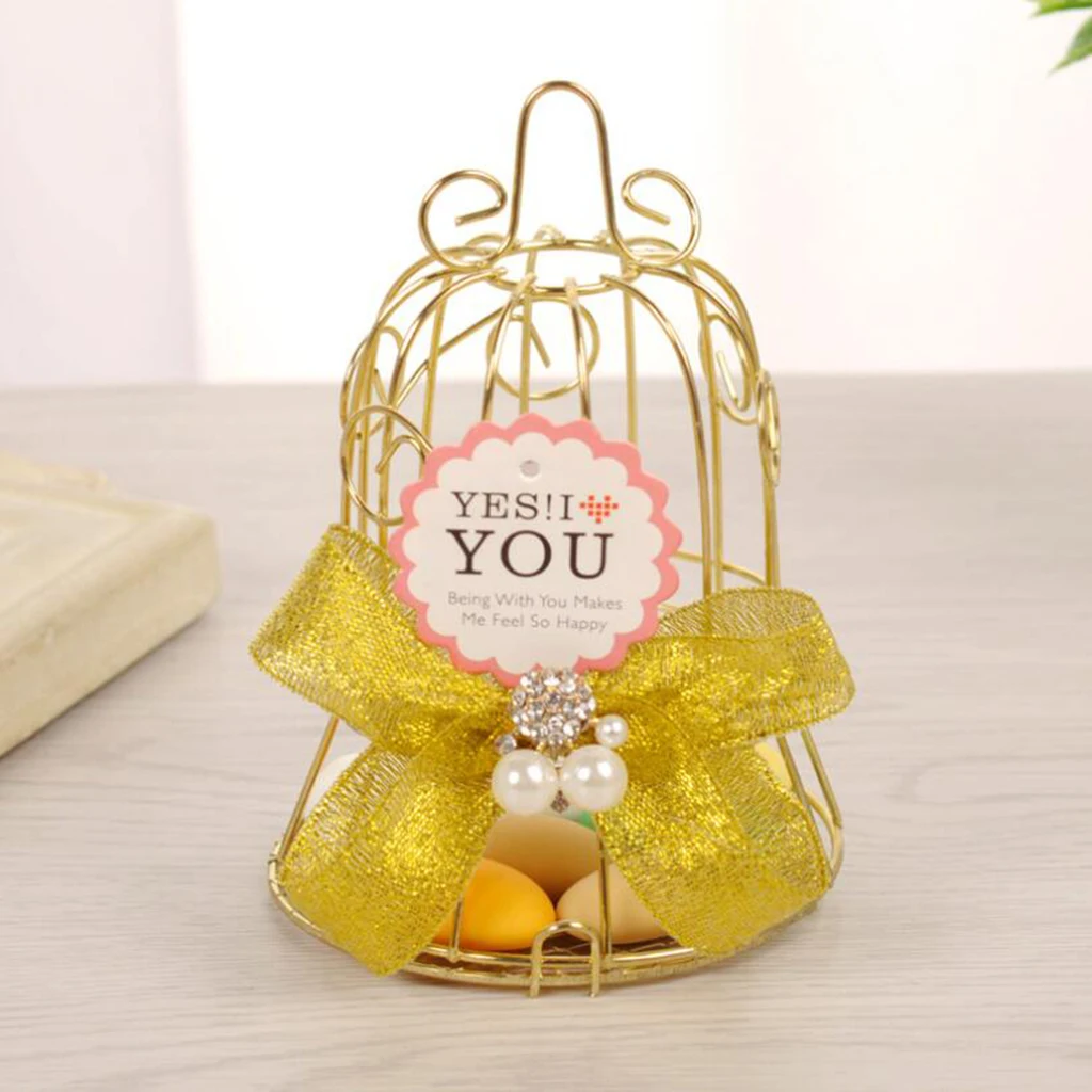 MagiDeal Gold Iron Bell Tin Bar Birdcage Metal Chocolate Candy Box Birthday Shower Party Favor Wedding Bomboniere with Ribbon