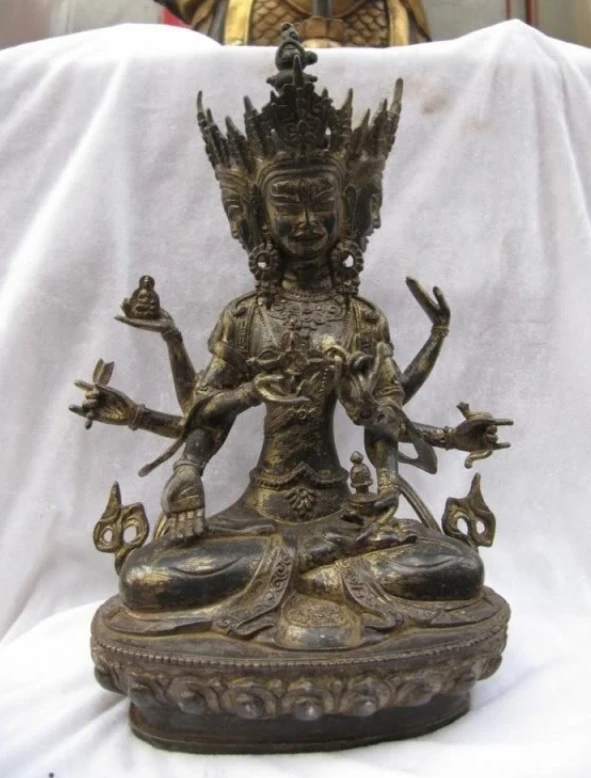 

003949 Tibet Old Bronze Three Face Eight Arm hand Arms kwan-yin Guan Yin Buddha Statue