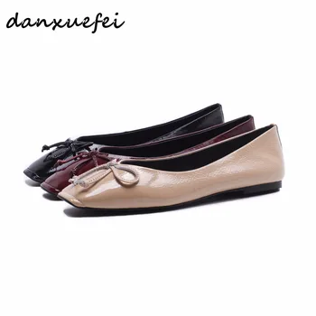 

Women's genuine leather slip-on ballet flats brand designer square toe sweet bow tie ballerinas leisure espadrilles shoes women