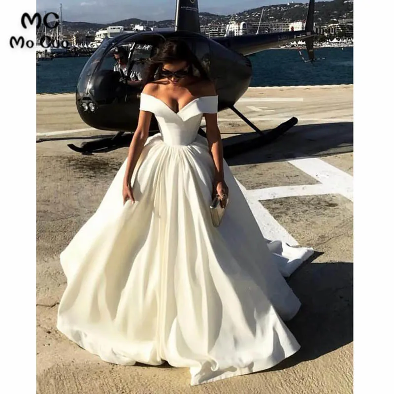 Deep V-neck Ball Gowns Satin Wedding Dresses Off The Shoulder