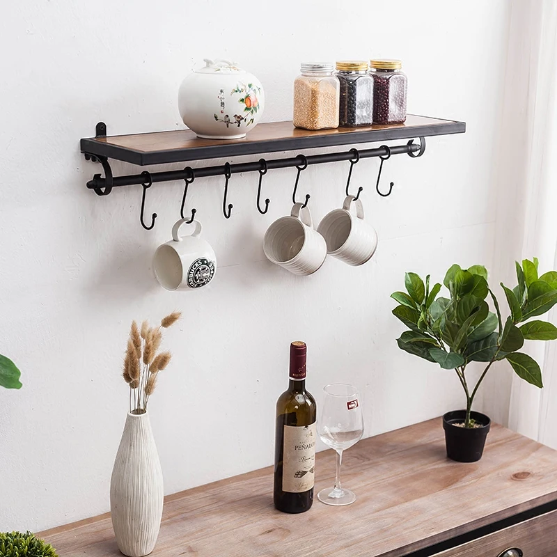 

Retro Iron Solid Wood Wall Hanging Kitchen Seasoning Storage Shelf Bathroom Coffee Cup