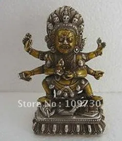 

Tibetan Silver Gilt Bronze Skull 6 Arms Mahakala Buddha Statue Elephant (00036400)