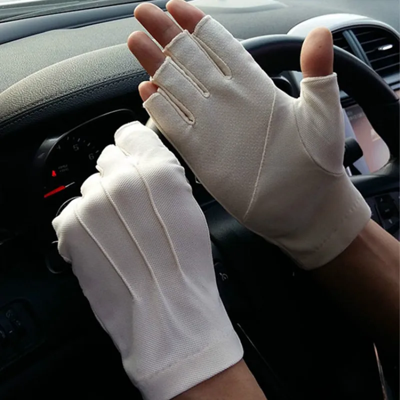 Men's Fingerless Anti-Slip Driving Gloves Women Sun Protection Gloves Summer Male Thin Breathable Anti-UV Cycling Working Gloves - Цвет: Beige