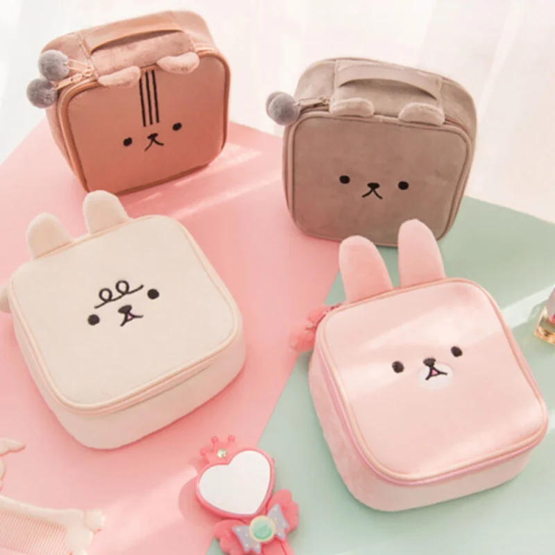 

1PC Cute Cartoon pink Embroidery Storage Bag Makeup Bag Square Bag Flannel Storage Bag For Travelling/Camping home organizer