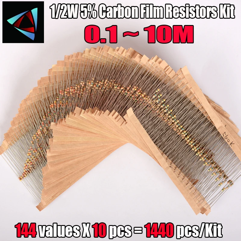 

1/2W 5% 144valuesX10pcs=1440pcs Carbon Film Resistor Kit 0.5W 0.1 ohm - 10M Torlerance Resistor Pack for DIY New!