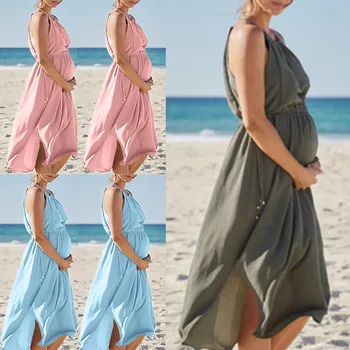 

Women Sleeveless Pregnant Maternity Dress Solid Breastfeeding Sexy Beach New Fashion Summer