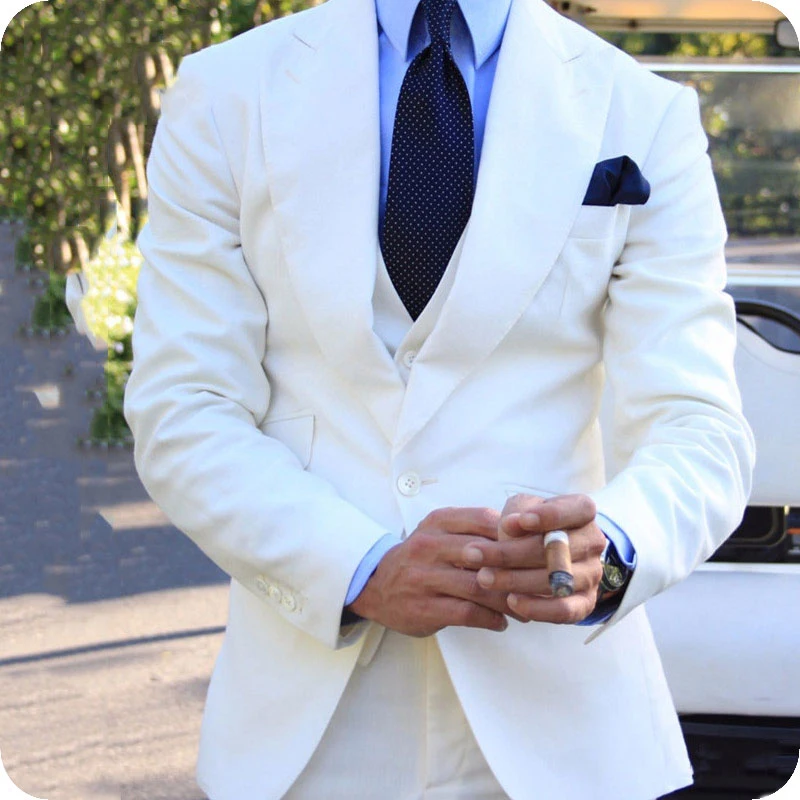 

White Line Suit Men Blazer Summer Beach Wedding Men Suit With Pants Vest Terno Slim Fit Tuxedo Jacket Costume Homme Mariage