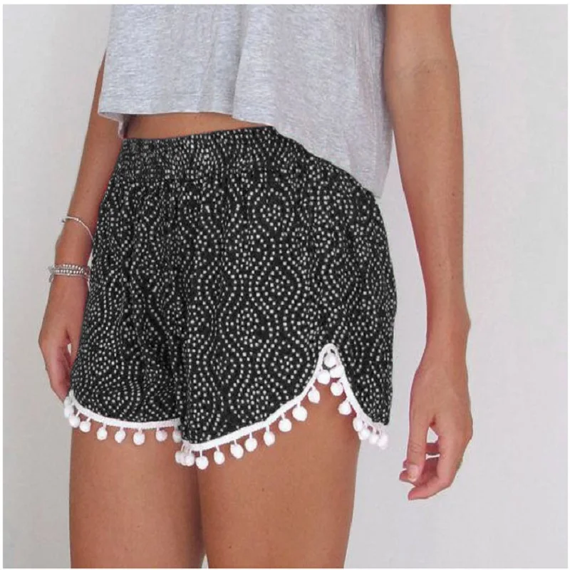 

Summer S-XL Size Floral Pom Pom Ball Shorts Women Beach Tassel Bohemian National Wind Print Loose Women's Short