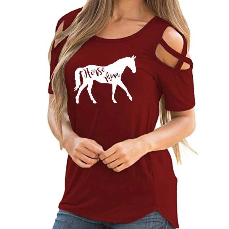 

Cartoon Horse Mom Letters Print Shirt Female Harajuku Off Shoulder Funny Mother Gift Vintage T-Shirt Women Hollow Femme Tops