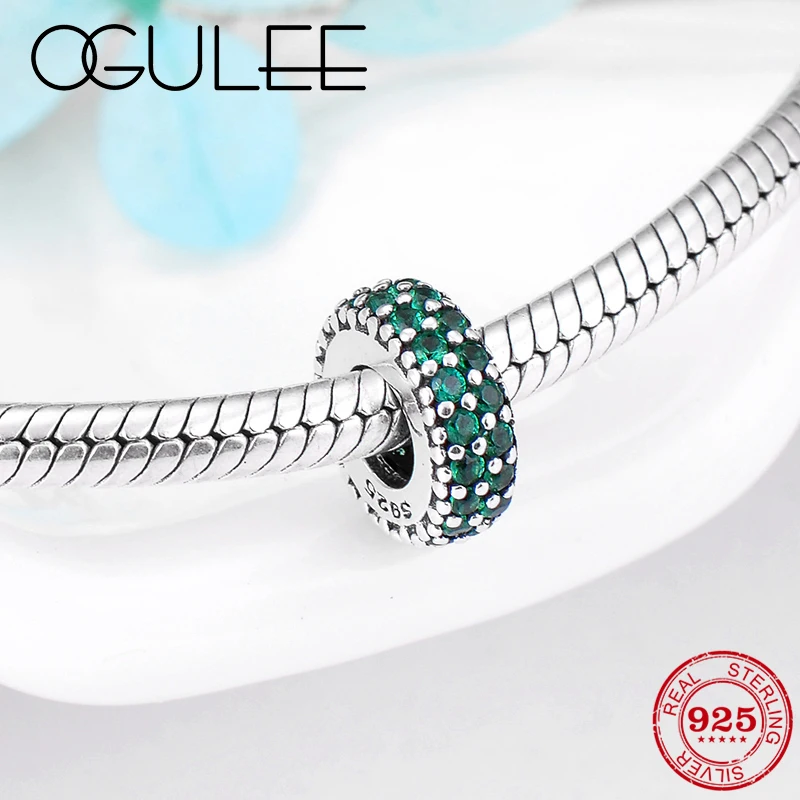 Real 925 Sterling Silver Arc of love sparkling Round Green CZ spacer beads Fit Original European Charm Bracelet Jewelry making | Украшения