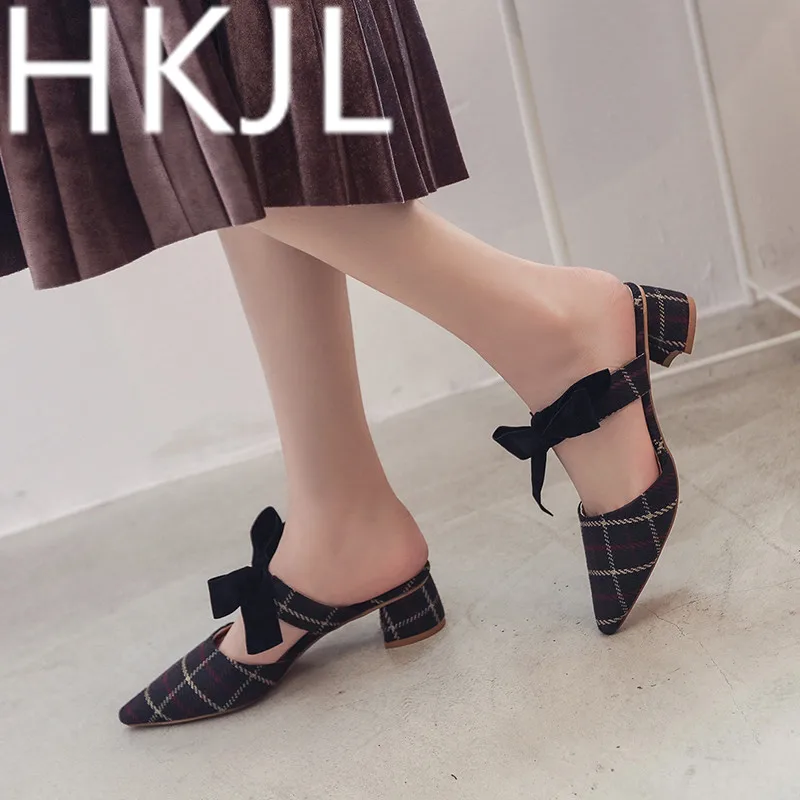 

HKJL Summer 2019 New Style Outside Fashion Slippers with Medium-heel and Rough-heeled Chequered Botou Women's Shoes A444