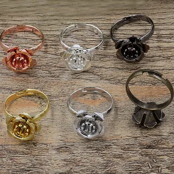 

15*7mm Filigree 3D Flower Ring Settings Cabochons Bases Brass Metal Adjustable Rings DIY Findings Multi-color Plated