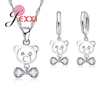

Austrain Crystal Bow Shape 925 Sterling Silver Hollow Bear Pendant Necklace & Hoop Earring Jewelry Set Bijoux Wholesale