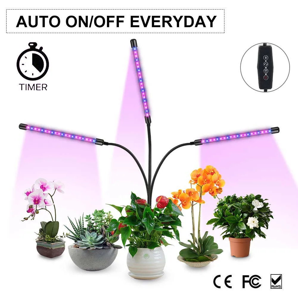 

Time dimmable Grow Light 30W Auto ON/Off 3 Head 60 LEDs full spectrum led US EU USB plug