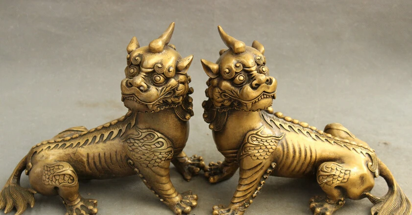 

JP S0606 9" Chinse Bronze FengShui BiXie Dragon Unicorn Beast Statue Guard Lion Pair B0403
