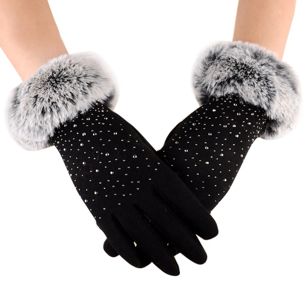 

#40 Glove Mittens Women Winter Outdoor Thicken Warm Gloves Female Patchwork Faux Fur Finger Gloves Luvas Feminina#es