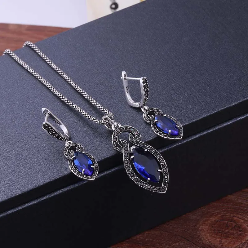 

Sellsets New Fashion Antique Silver Color Vintage Jewelry Set Blue Crystal Drop Earrings And Necklace Sets For Women Party Gift