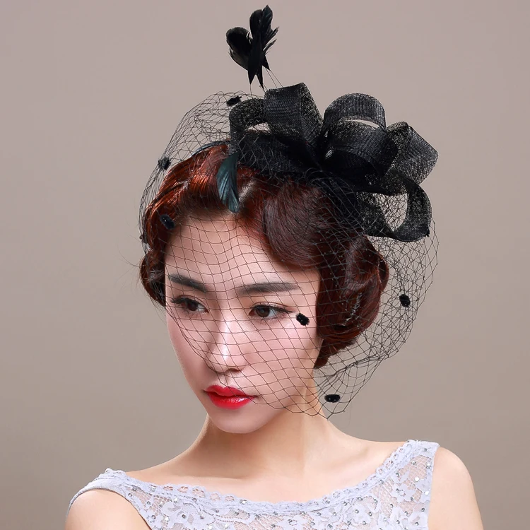 Luxury Bride Hats Retro Europe Feather Hairband Elegant Black Cage Veil