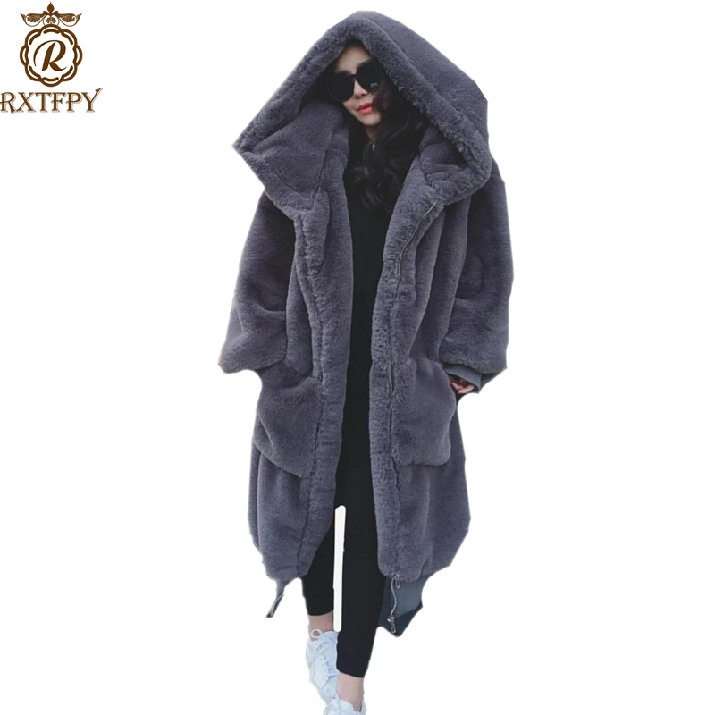 Capuchon Mélanges Chaud Survêtement Mode Fourrure Longueur À Grande Éclair A76 pink Taille De Nouvelles Black gray Moyen Fermeture Femmes Faux Manteau Laine Hiver Long Femelle EqwxwC8zp6