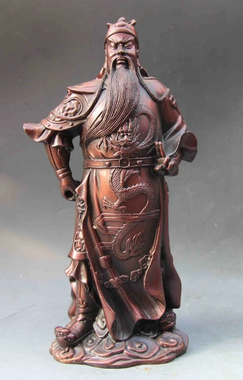 

bir 006971 Chinese Folk Red Copper Bronze Dragon Guan Gong Guan Yu Warrior Buddha Statue