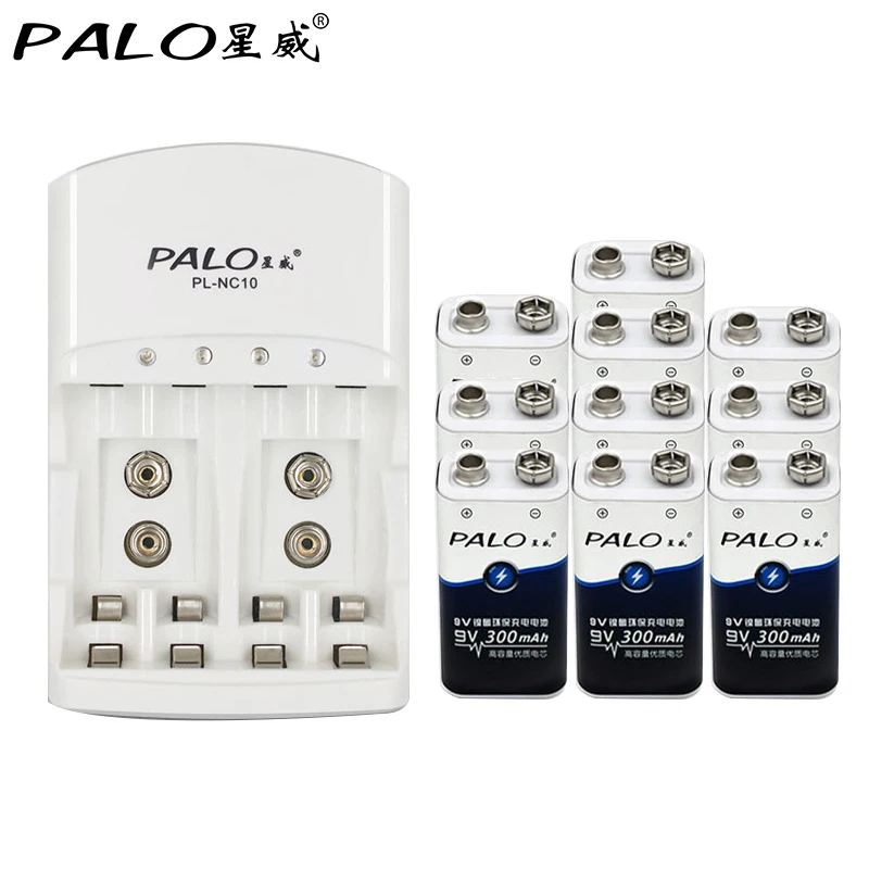 Meilleur PALO 10 pcs 9 v rechargeable batterie 300 mAh 9 V nimh batterie 9 Volts Batterie + Dédié 2 slots 9 v chargeur Presser d agir