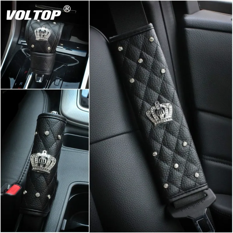 

Fashion Diamond Crown Crystal Car Interior Accessories Seat Belt Pad Rhinestones Leather Gear Shifter Cover Handbrake Ornaments