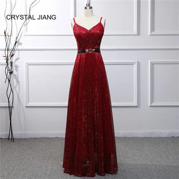 

New Arrival 2019 Sexy V Neck Spaghetti Straps Wine Red Sequin Custom made A Line Floor Length Formal Cheap Evening Dress Long