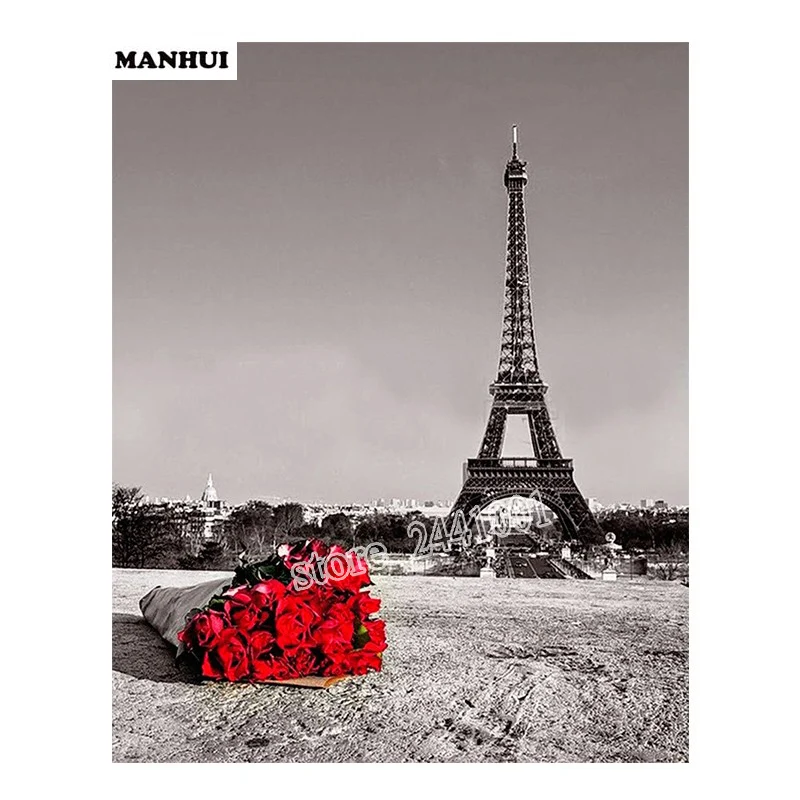 

Eiffel Tower Diamond Painting Cross Stitch Kit Home Decor DIY Diamond Embroidery Rhinestone Round Full Diamond Rose Floral AF124