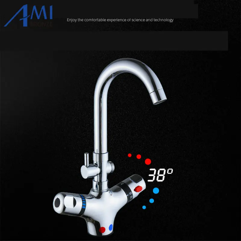  Thermostat Bathroom Faucets Kitchen Faucet Bath Tub Hot Cold Mixer Tap Faucet Brass 360 Swivel Basi - 32826180486