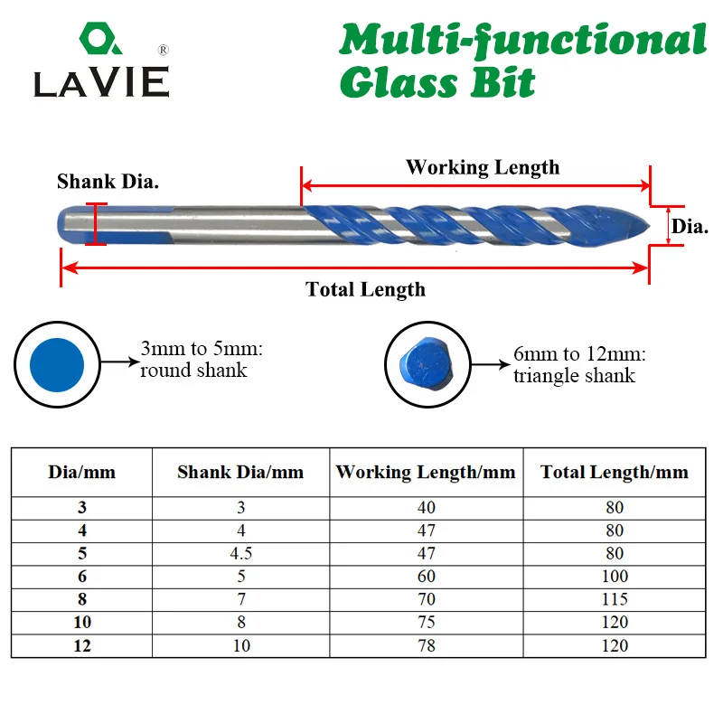 LAVIE 3 мм до 12 мм многофункциональное сверло для стекла, поворотное сверло, треугольные сверла для керамической плитки, бетона, стекла, мрамора DB02055