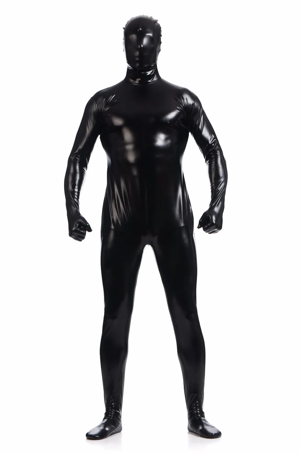 Mens Shiny One Piece Full Bodysuit Lycra Spandex Zentai Costume Hooded