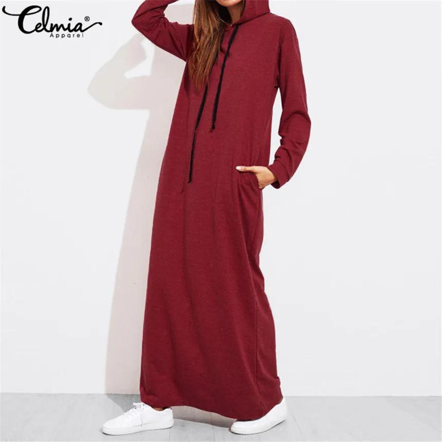 Celmia Plus Size Women Maxi Dress Autumn Hooded Dress Sweatshirt Female ...