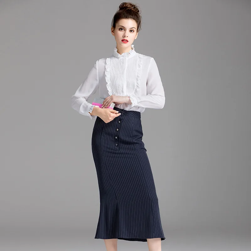 

Europe 2017 Autumn 2 Piece Set Women New Stand Collar Silk White Blouse Crop Top And Skirt Set OL Suit Two Piece Set