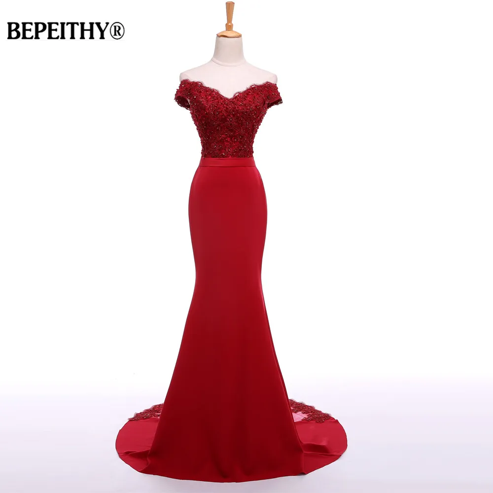 

BEPEITHY Sexy Off The Shoulder Long Evening Dress Party Elegant 2019 100% Handmade Beadings Mermaid Prom Gowns Fast Shipping
