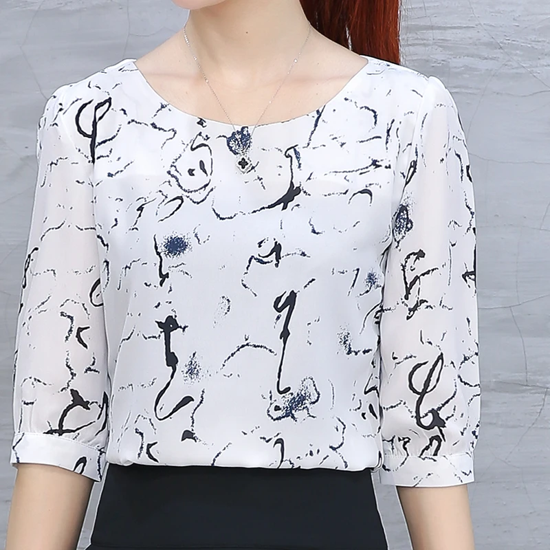 

New Fashion Lady Chiffon Shirts Plus Size S-3XL Half Sleeve Printed Design Pink Clothing Women Casual White Blouses