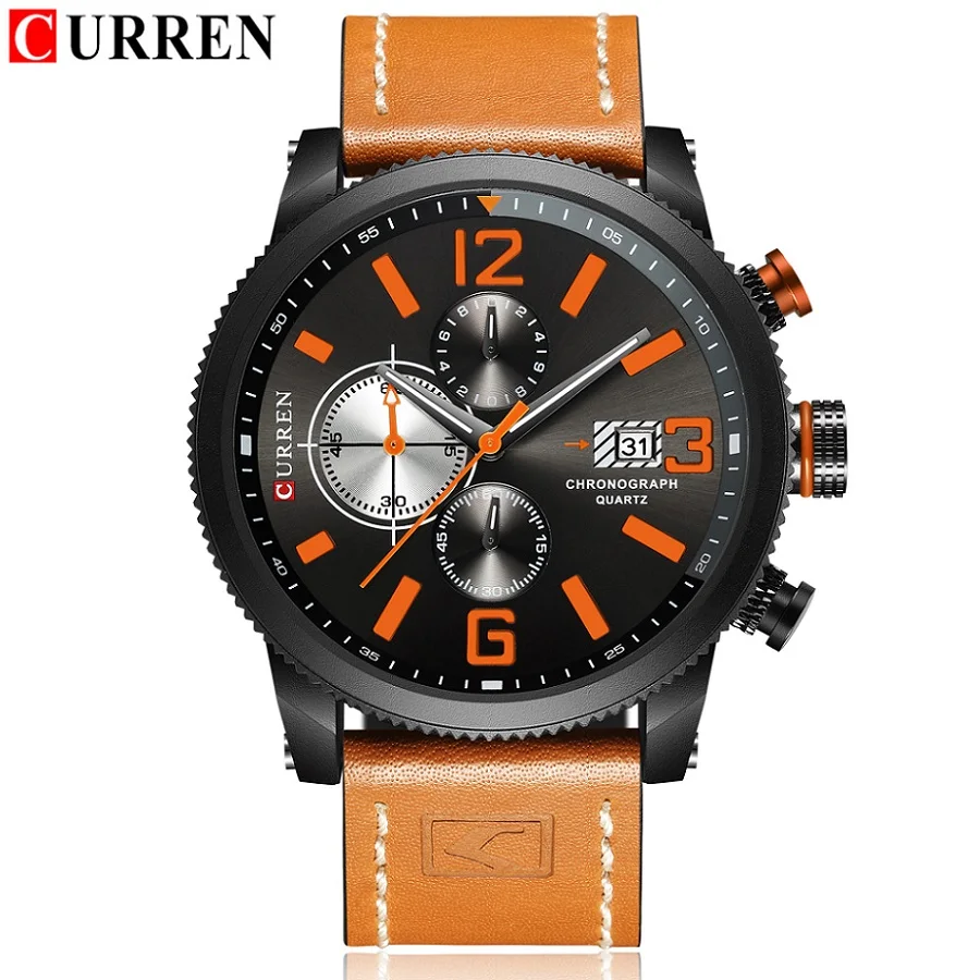 Brand New Fashion Quartz Men's Watch Chronograph Dial and Date Window Casual Business Wristwatch CURREN Leather Clock For Man - Цвет: orange black black