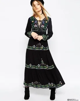 

2018 new hot sale Bohemian embroidery long dresses floral pattern black fall season maxi long dress boho hippie slim long dress