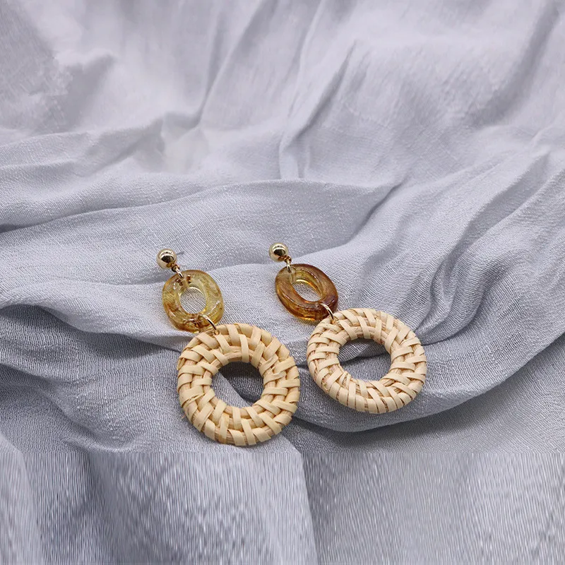 Fashion Earrings Straw Weave Rattan with Acrylic Earrings Big Round Women's Earrings Sector Wedding Trendy Dangle Jewelry ET85 (4)