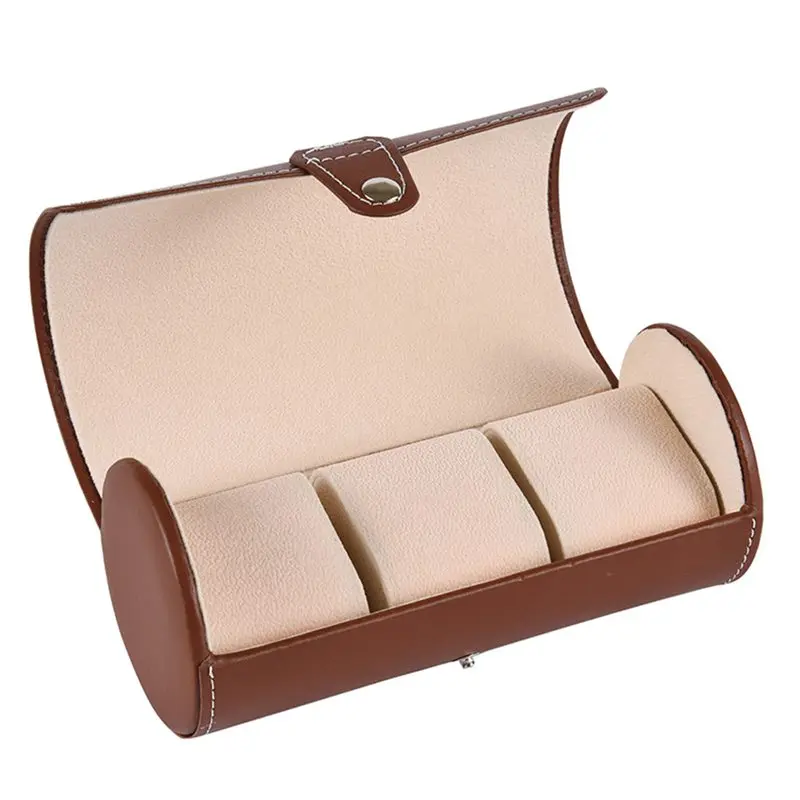 

3-Slot Mesh Brown Leather Watch Case Clamshell Watch Jewelry Display Collection Box