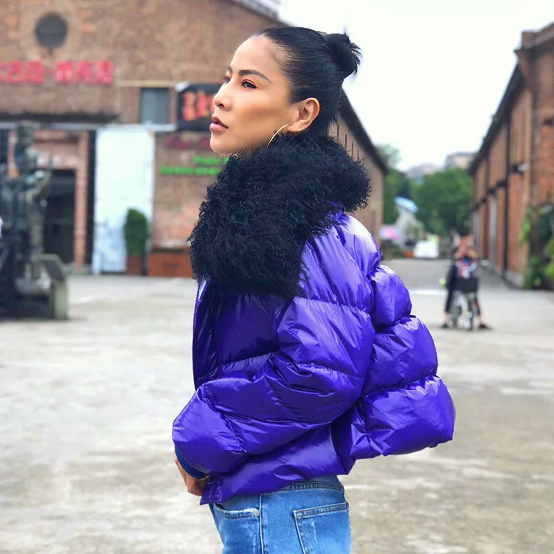  Down Coat Women Winter Clothing Mongolia Sheep Fur Loose Long Sleeve Thick White Goose Down Short D