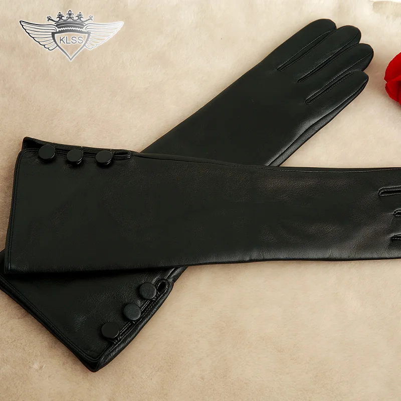 KLSS Брендовые женские перчатки из натуральной кожи с пряжкой, черные элегантные женские перчатки из овчины высокого качества, зимние длинные перчатки из козьей кожи X99