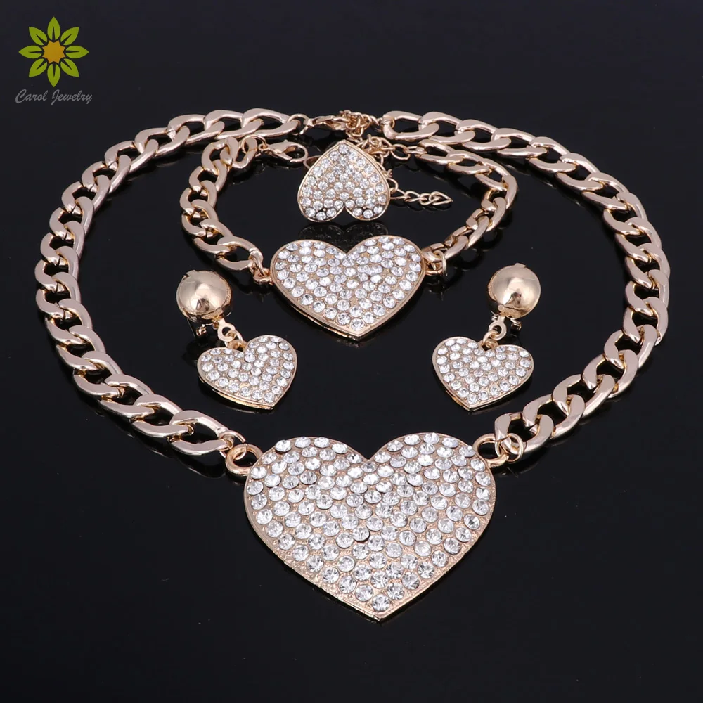 

Wedding Jewelry Sets Crystal Heart Pendant Fashion Bridal African Gold Color Necklace Earrings Bracelet Women Sets Jewelry