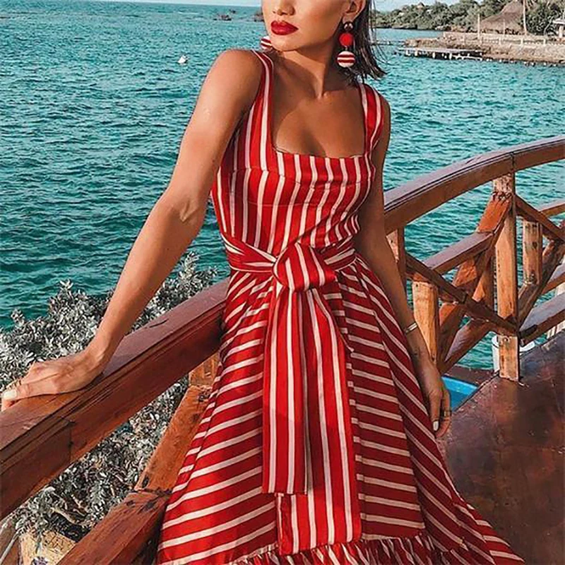 2018 Fashion Striped Summer Dresses Women Strapless Long Dresses With Belt A-line Ruffles Sexy Dress Vestidos Plus Size 3XL Red 2018 Fashion Striped Summer Dresses Women Strapless Long Dresses With Belt A-line Ruffles Sexy Dress Vestidos Plus Size 3XL Red