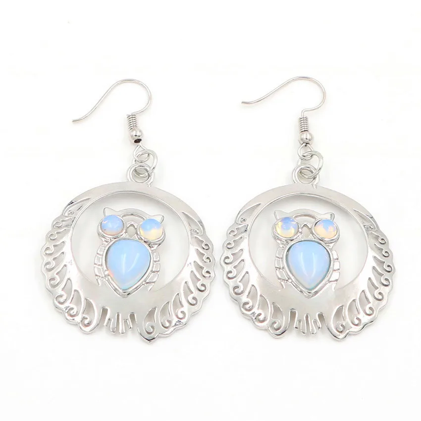 

FYJS Modern Accessories Silver Plated Round Hollow with Wisdom Owl Opalite Opal Earrings