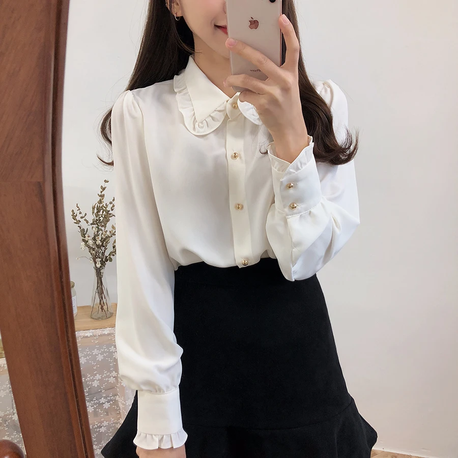 sexy blouses for women Bow Shirts Woman Long Sleeve Button Chiffon Blouse Women 2020 New Embroidery Blouses Butterfly Sleeve Casual White Shirt Femme black long sleeve top