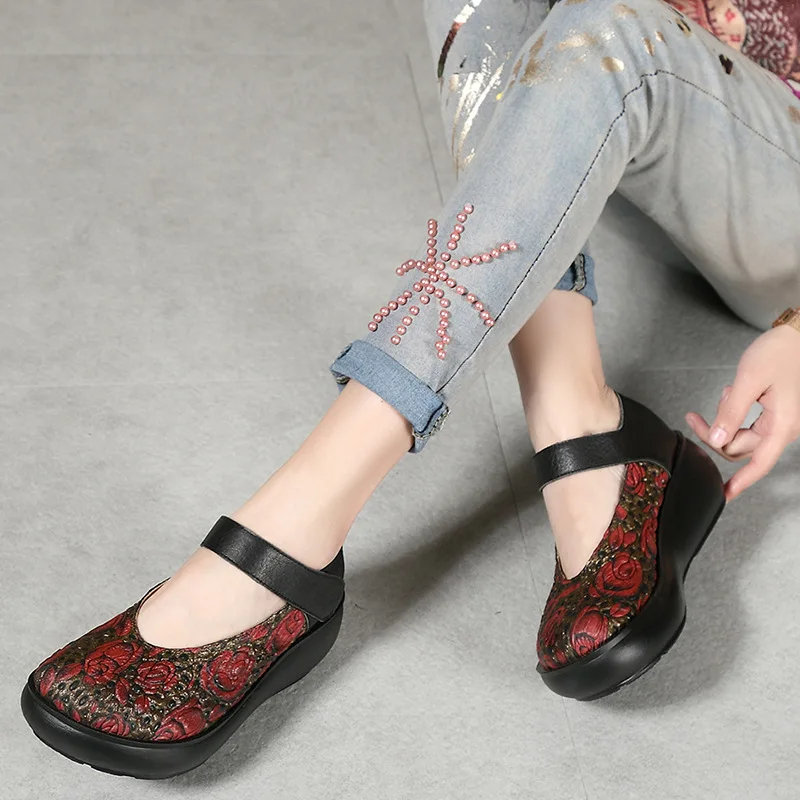 

Women Emboridery Pumps Leather Wedge Shoes Spring 6 CM High Heel Pumps Women Handmade Genuine Leather Pump Lady Strap Retro Shoe