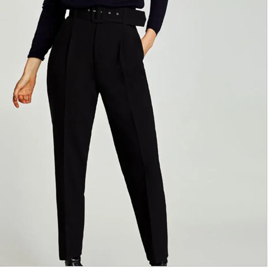 Весенне-осенние офисные женские брюки с высокой талией, женские шаровары, брюки длиной до щиколотки, черные повседневные свободные модные