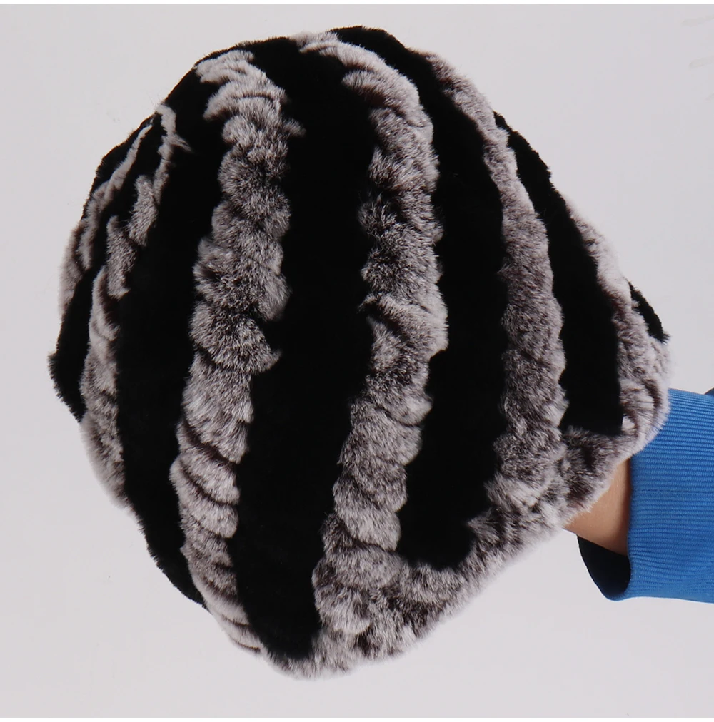 Полосатая Зимняя женская натуральная шапка из меха кролика рекс Женская Ручная шапка из настоящего меха теплые вязаные эластичные натуральные меховые шапочки